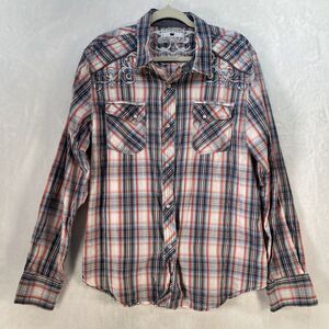 Buckle Pop Icon Clothing Pearl Snap Men’s Sz XL Plaid Western Embroidered